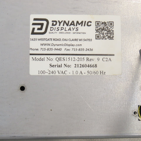 Dynamic Displays QES1512-205 FP12B4G1-ZLn 12" Monitor 100-240VAC 1.0A 50/60HZ