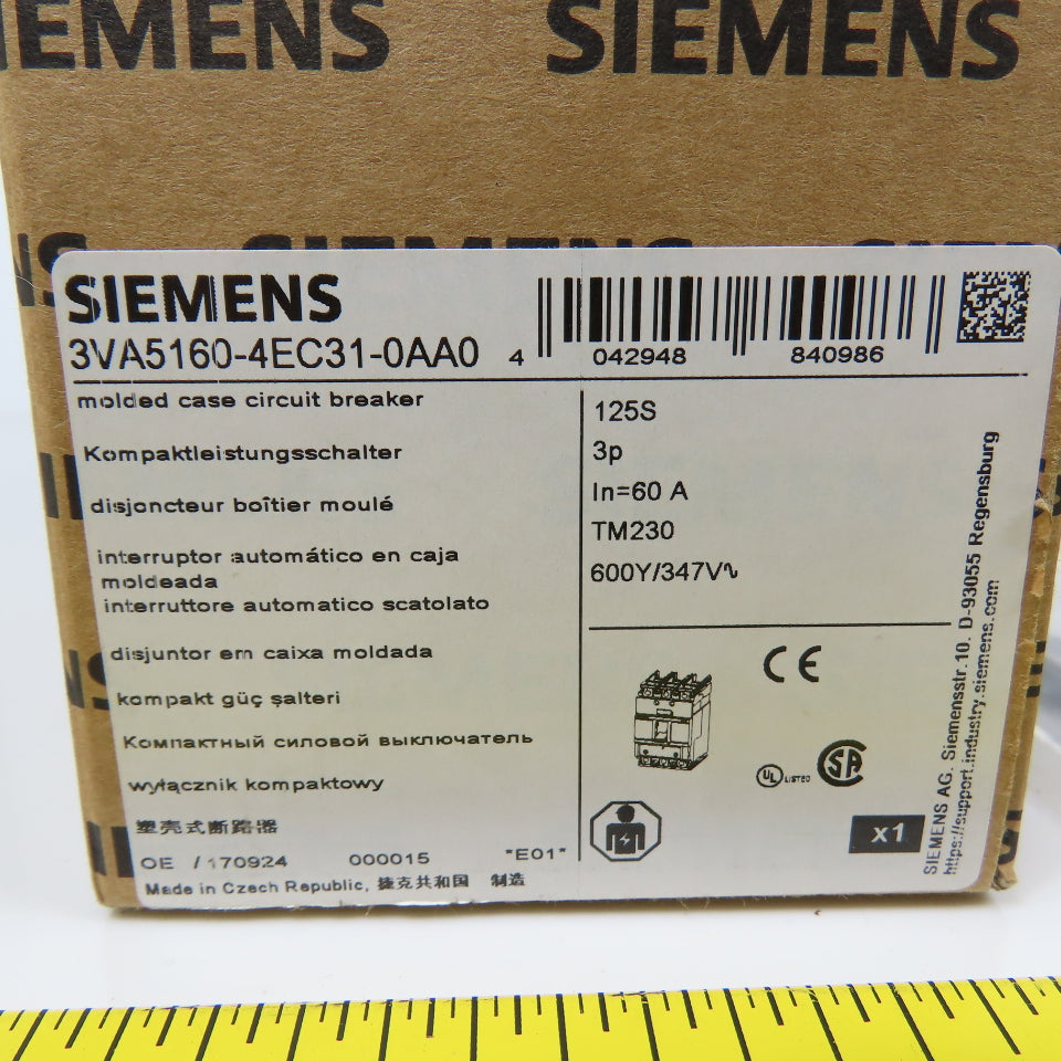 Siemens 3VA5160-4EC31-0AA0 60A Molded Case Circuit Breaker 600V Adjustable Trip