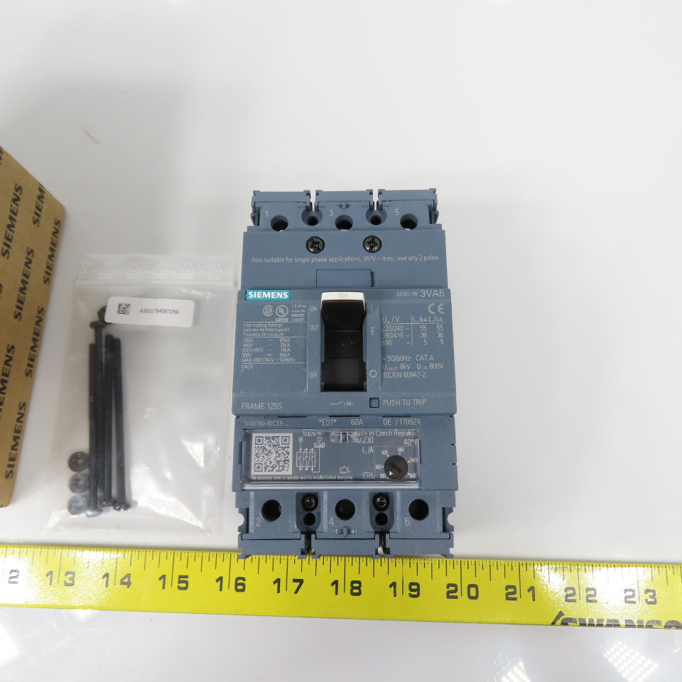 Siemens 3VA5160-4EC31-0AA0 60A Molded Case Circuit Breaker 600V Adjustable Trip