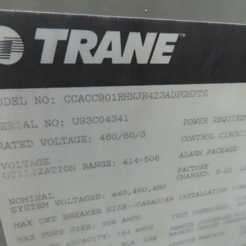 Trane CCACC901 90 Ton Refrigeration Compressor Liquid Chiller 480V Parts/Repair