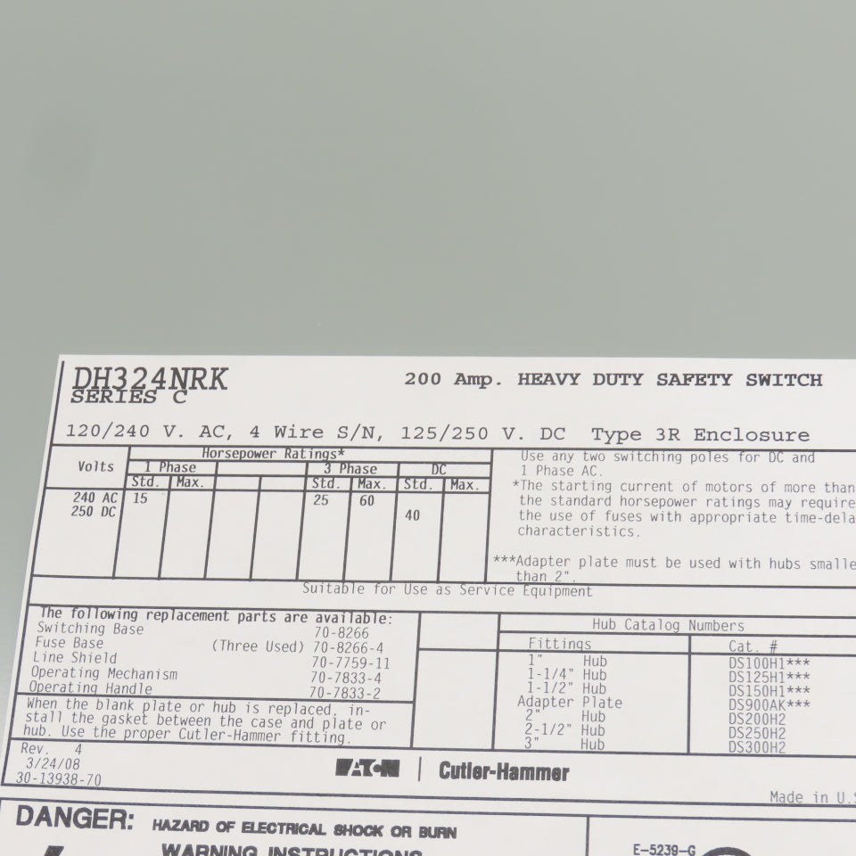 Eaton DH324NRK 200A Heavy Duty Fusible Safety Disconnect Switch 120/240VAC 3REnc