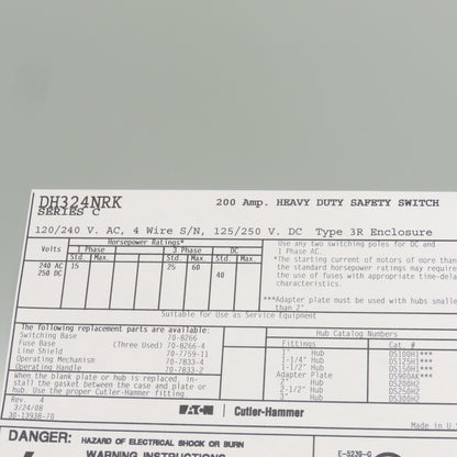 Eaton DH324NRK 200A Heavy Duty Fusible Safety Disconnect Switch 120/240VAC 3REnc