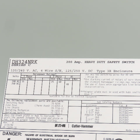 Eaton DH324NRK 200A Heavy Duty Fusible Safety Disconnect Switch 120/240VAC 3REnc