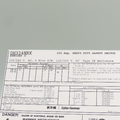 Eaton DH324NRK 200A Heavy Duty Fusible Safety Disconnect Switch 120/240VAC 3REnc