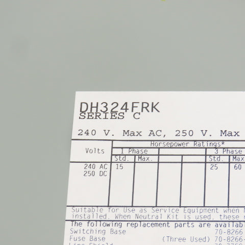 Eaton DH324FRK 200A Heavy Duty Fusible Safety Disconnect Switch 240VAC 250VDC