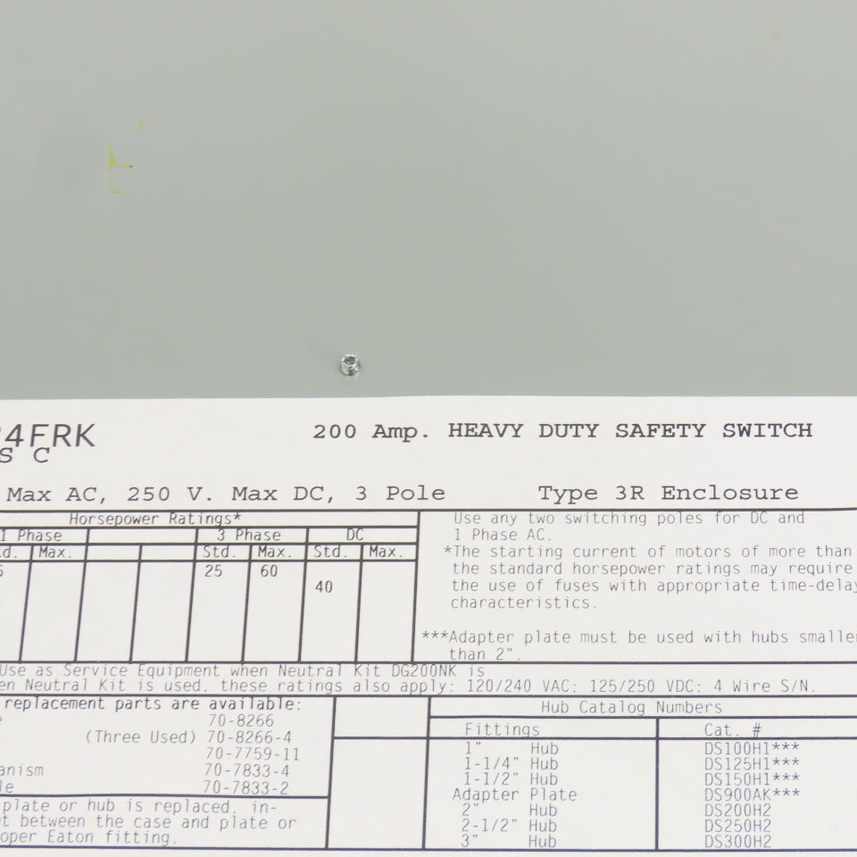 Eaton DH324FRK 200A Heavy Duty Fusible Safety Disconnect Switch 240VAC 250VDC