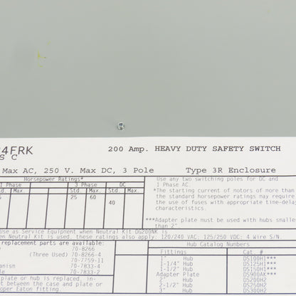 Eaton DH324FRK 200A Heavy Duty Fusible Safety Disconnect Switch 240VAC 250VDC