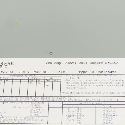 Eaton DH324FRK 200A Heavy Duty Fusible Safety Disconnect Switch 240VAC 250VDC