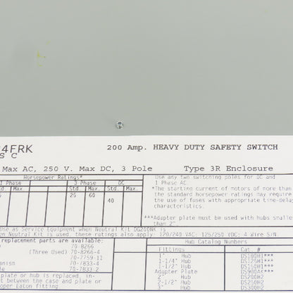 Eaton DH324FRK 200A Heavy Duty Fusible Safety Disconnect Switch 240VAC 250VDC
