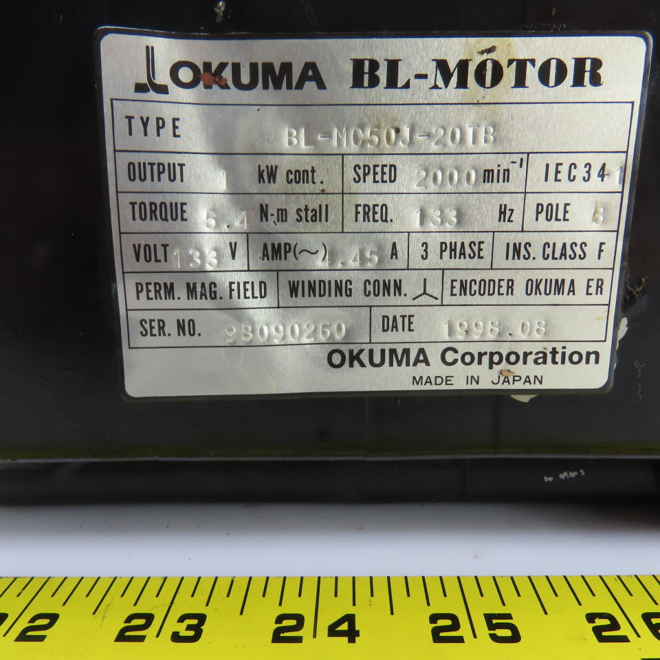 Okuma BL-MC100J-20TB 1 KW Servo Motor 2000RPM 133V 3PH W/Encoder ER-J-7200D