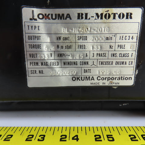 Okuma BL-MC100J-20TB 1 KW Servo Motor 2000RPM 133V 3PH W/Encoder ER-J-7200D