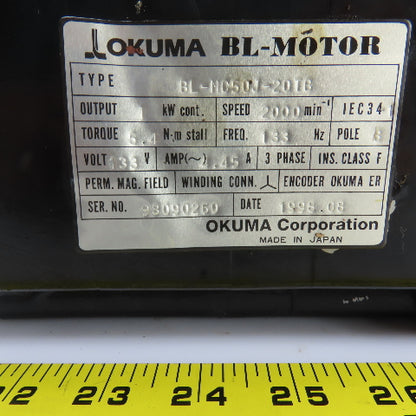Okuma BL-MC100J-20TB 1 KW Servo Motor 2000RPM 133V 3PH W/Encoder ER-J-7200D