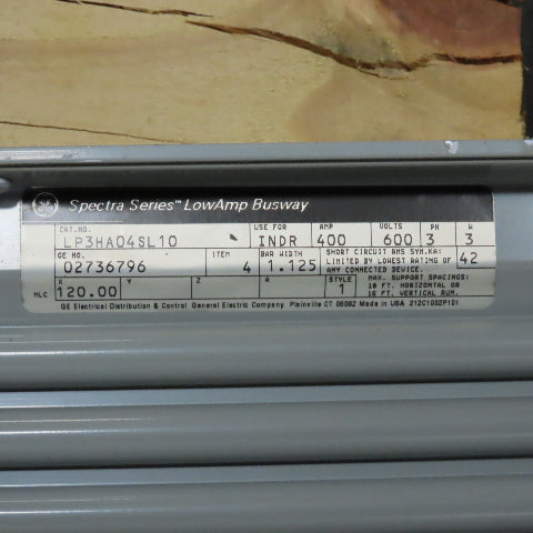 GE LP3HA04SL10 Spectra Series Low Amp Busway 400A 600V 3Ph 10' Indoor