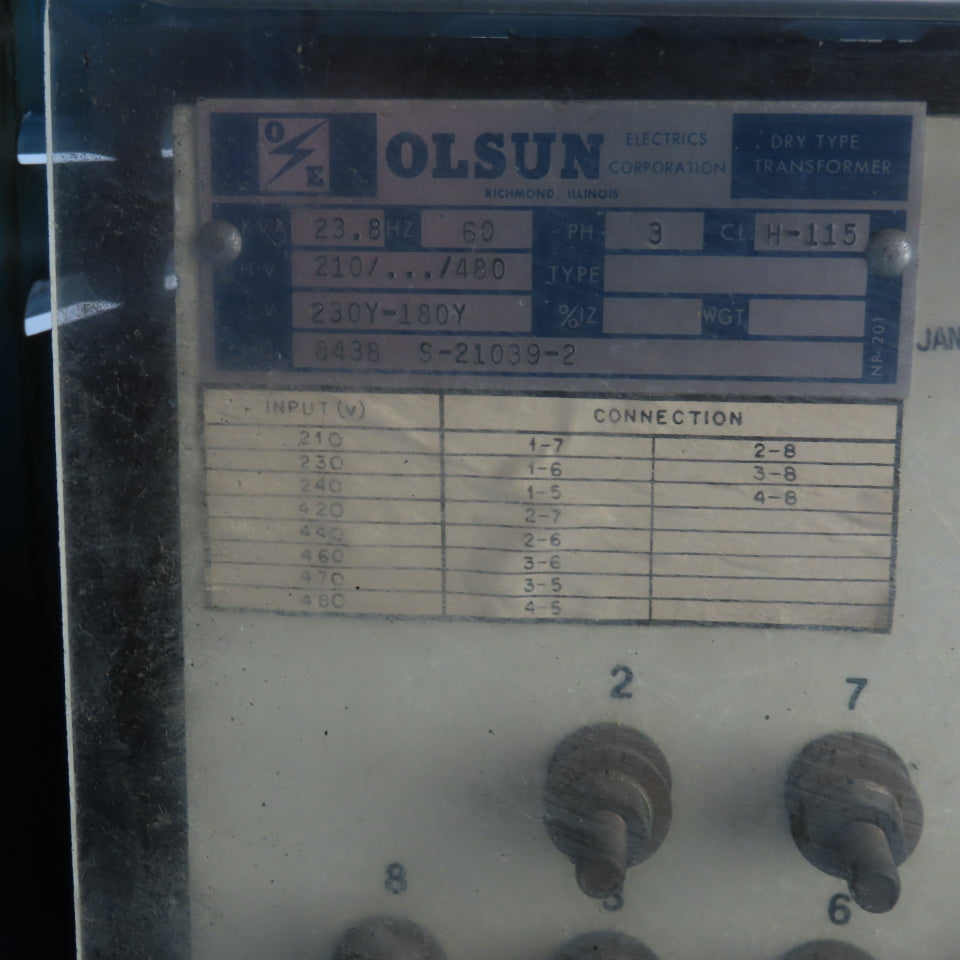Olsun 8438 S-21039-2 23.8kVA Transformer HV 210/.../480V LV 230Y-180Y 60HZ 3PH