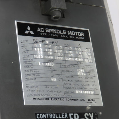 Mitsubishi Type SE-EV-FV 3.7-2.2-5.5kW AC Spindle Motor 130-170V 1500/6000RPM