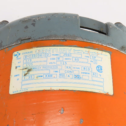 Gould Century 8-135056-02 1/3HP AC Motor 1725RPM 115V 1PH 5A J56C Frame