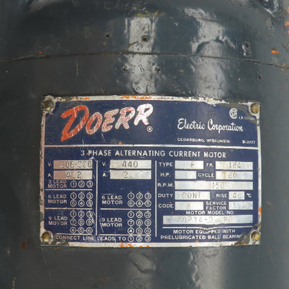 Doerr 70214-D 1HP AC Electric Motor 150RPM 208-220-440V 3PH 4.2/2.1A 184Y Frame