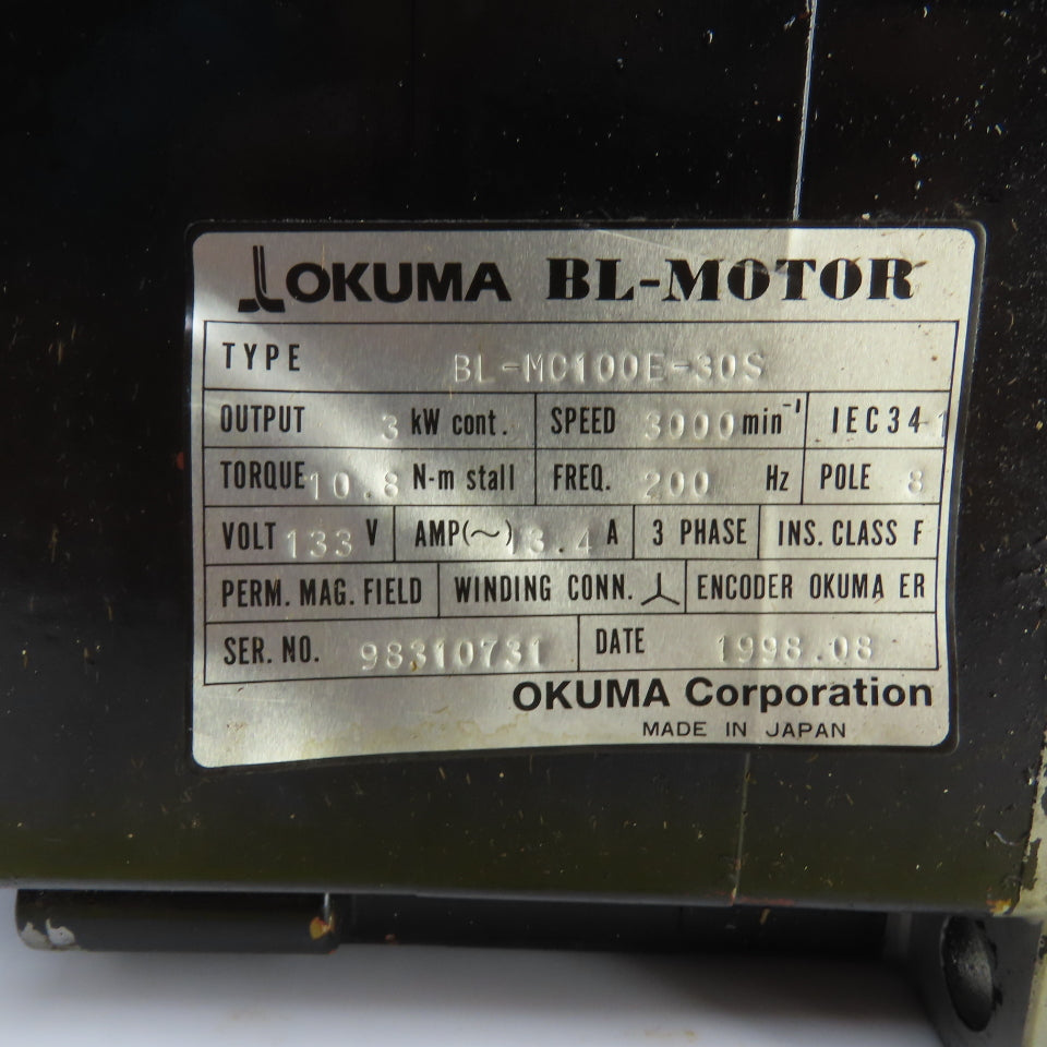 Okuma BL-MC100E-30S 3kW AC Servo Motor 3000RPM 133V 3PH W/Encoder ER-FC-2048D