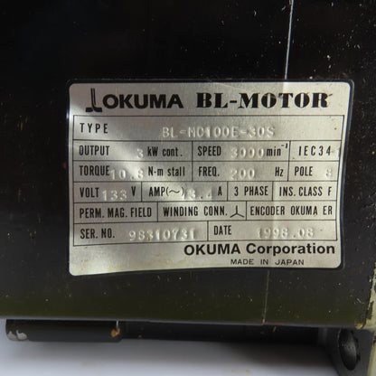 Okuma BL-MC100E-30S 3kW AC Servo Motor 3000RPM 133V 3PH W/Encoder ER-FC-2048D