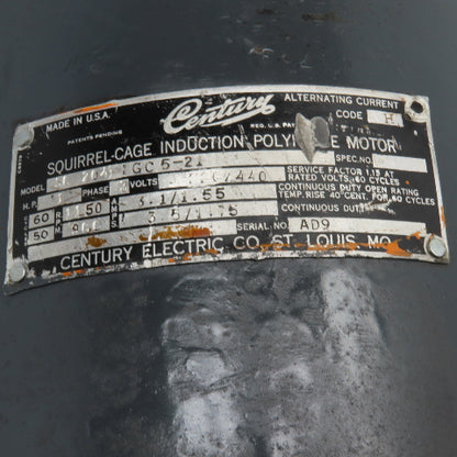 Century SC204-BGC5-21 1Hp 1150RPM 220/440V 3Ph Vintage Squirrel Cage Motor 3Ph