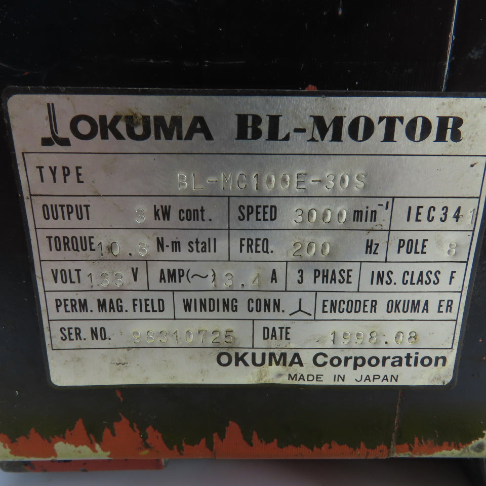 Okuma BL-MC100E-30S 3kW AC Servo Motor 3000RPM 133V 3PH W/Encoder ER