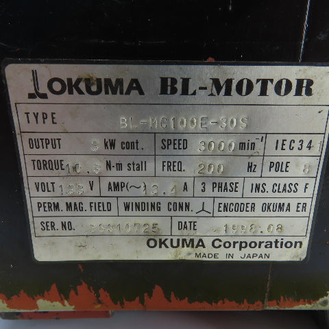 Okuma BL-MC100E-30S 3kW AC Servo Motor 3000RPM 133V 3PH W/Encoder ER
