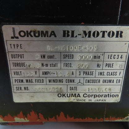 Okuma BL-MC100E-30S 3kW AC Servo Motor 3000RPM 133V 3PH W/Encoder ER