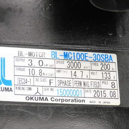 Okuma BL-MC100E-30SBA 3kW AC Servo Motor 3000RPM 133V 3PH