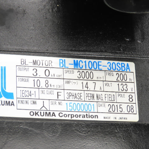 Okuma BL-MC100E-30SBA 3kW AC Servo Motor 3000RPM 133V 3PH