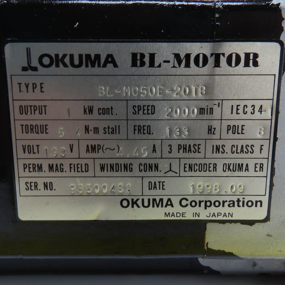 Okuma BL-MC50E-20TB 1kW AC Servo Motor 2000RPM 133V 3PH 4.45A W/Encoder ER