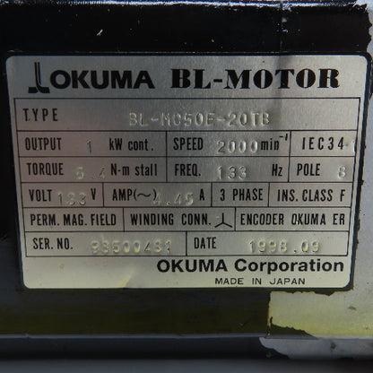 Okuma BL-MC50E-20TB 1kW AC Servo Motor 2000RPM 133V 3PH 4.45A W/Encoder ER