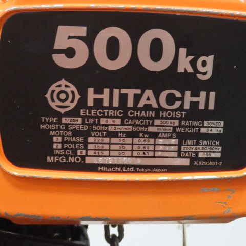 Hitachi 1/2SH 500KG 1000LB Electric Chain Hoist 220/415V 3PH W/Power Trolley