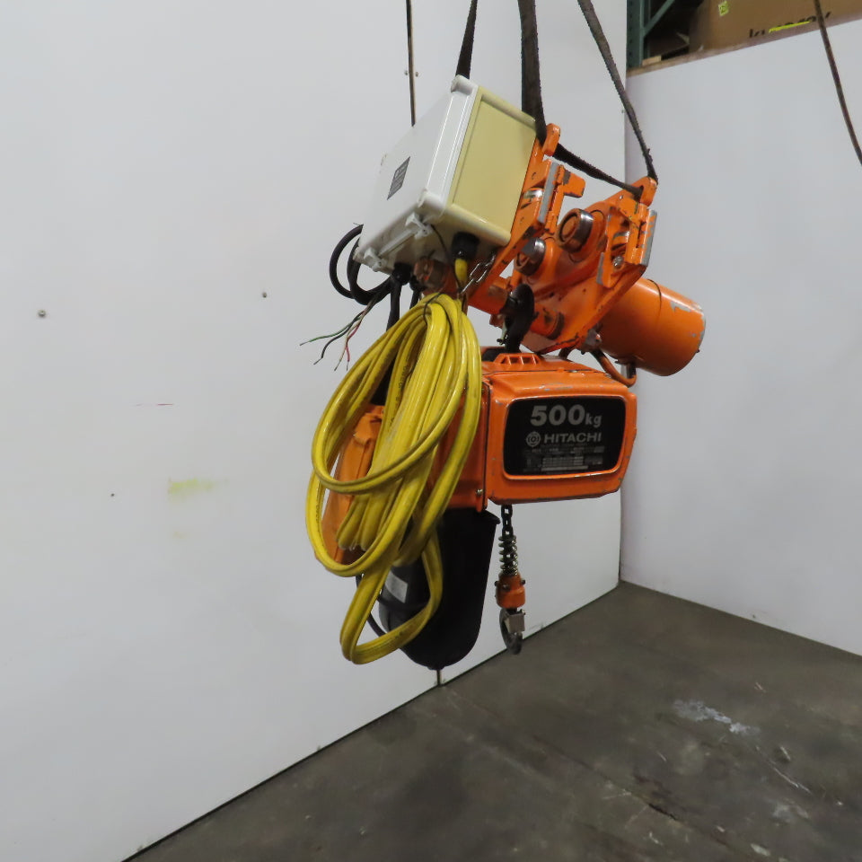 Hitachi 1/2SH 500KG 1000LB Electric Chain Hoist 220/415V 3PH W/Power Trolley