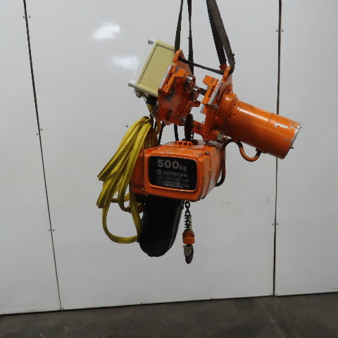 Hitachi 1/2SH 500KG 1000LB Electric Chain Hoist 220/415V 3PH W/Power Trolley