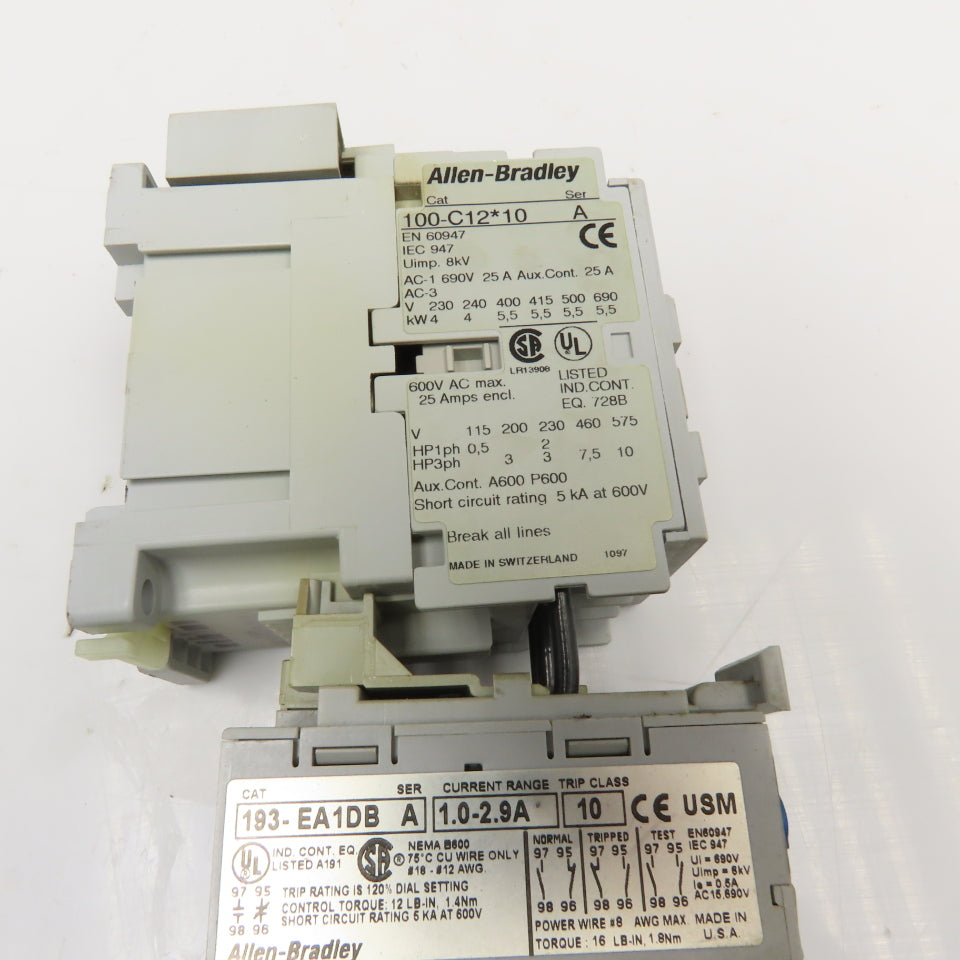 Allen Bradley 100-C12D10 193-EA1DB 600V Contactor Relay 1.0-2.9A Trip Overload