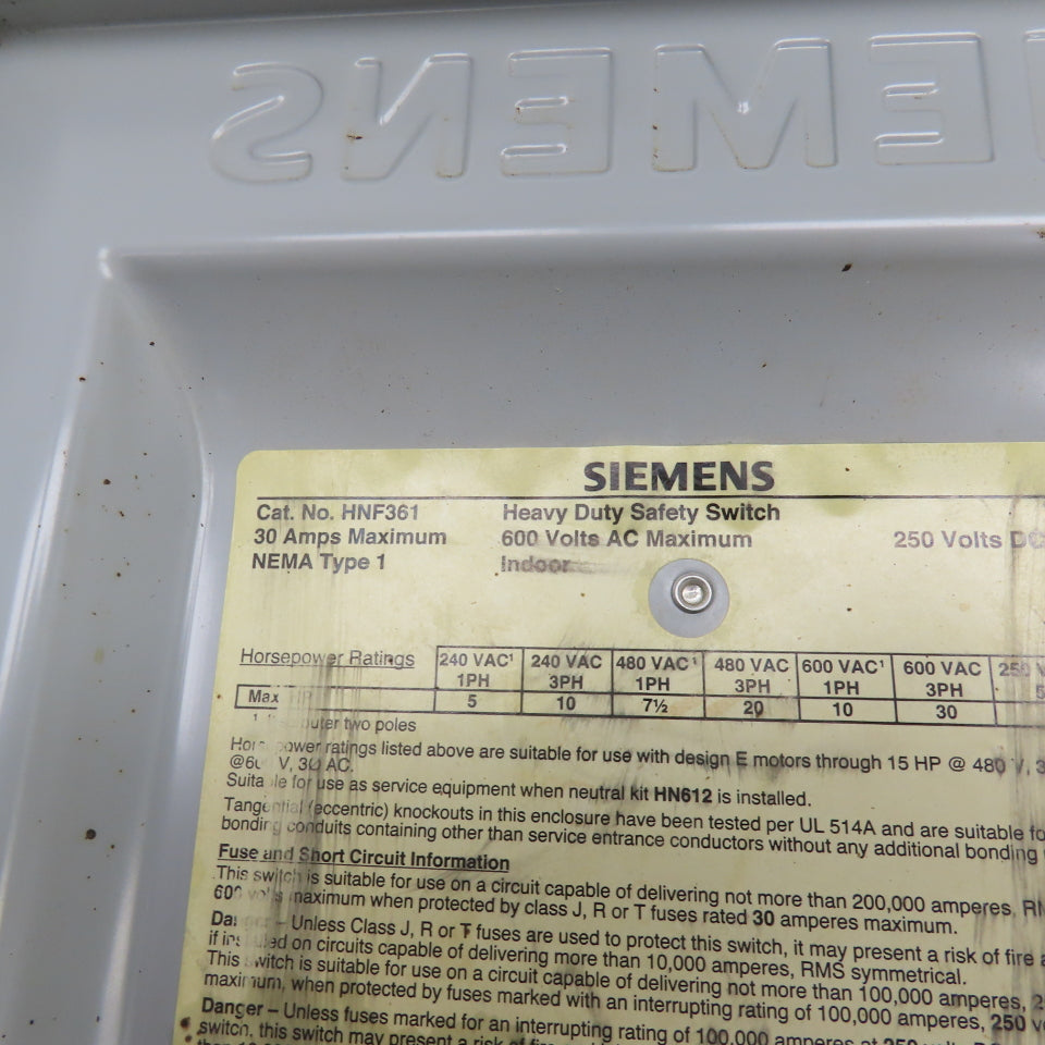 Siemens HNF361 30A Heavy Duty Safety Disconnect Switch 600VAC 3 Pole 30HP Type 1