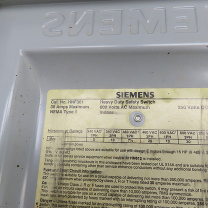 Siemens HNF361 30A Heavy Duty Safety Disconnect Switch 600VAC 3 Pole 30HP Type 1