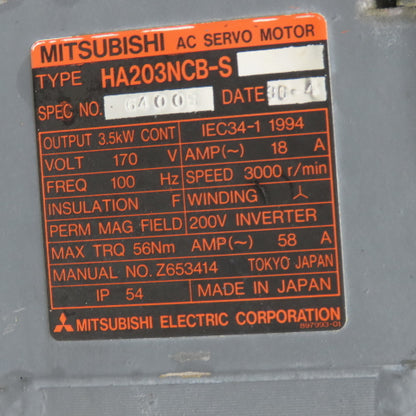Mitsubishi HA203NCB-S 3.5kW 3000RPM 170V AC Servo Motor 100Hz