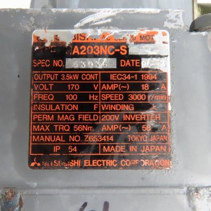 Mitsubishi HA203NC-S 3.5kW 3000RPM 170V 100Hz AC Servo Motor