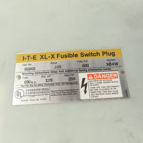Siemens I-T-E RV465 XL-X 400A Bus Plug Tap Fusible Switch 600VAC 3PH 4W