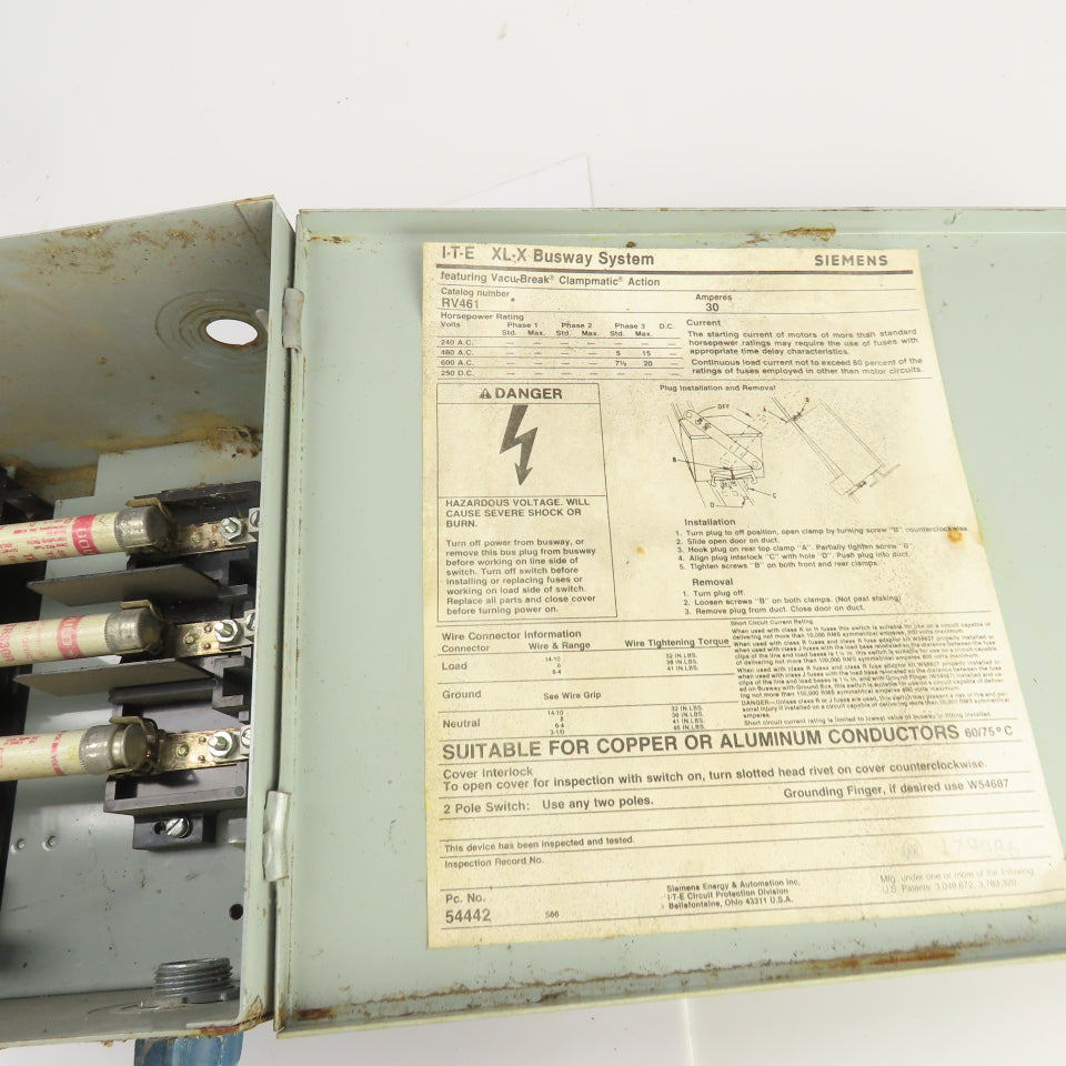 Siemens I-T-E RV461 XL-X 30A Bus Plug Tap Fusible Switch 600VAC 3PH 4W