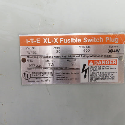 Siemens I-T-E RV461 XL-X 30A Bus Plug Tap Fusible Switch 600VAC 3PH 4W