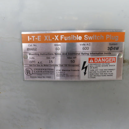 Siemens I-T-E RV462 XL-X 60A Bus Plug Tap Fusible Switch 600VAC 3PH 4W