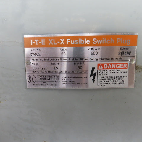 Siemens I-T-E RV462 XL-X 60A Bus Plug Tap Fusible Switch 600VAC 3PH 4W