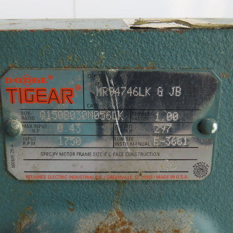 Dodge Tigear Q150B030M056LK 30:1 Ratio Thru Shaft Gearbox 1750RPM 0.43HP Input