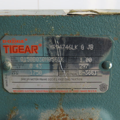 Dodge Tigear Q150B030M056LK 30:1 Ratio Thru Shaft Gearbox 1750RPM 0.43HP Input