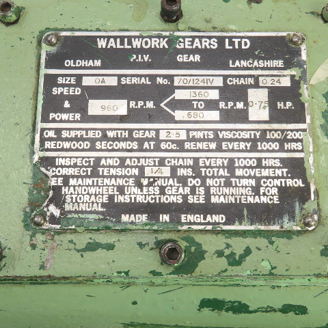 Wallwork Gears Size OA Mechanical Variator Chain Driven Gearbox Size OA 0.75 HP