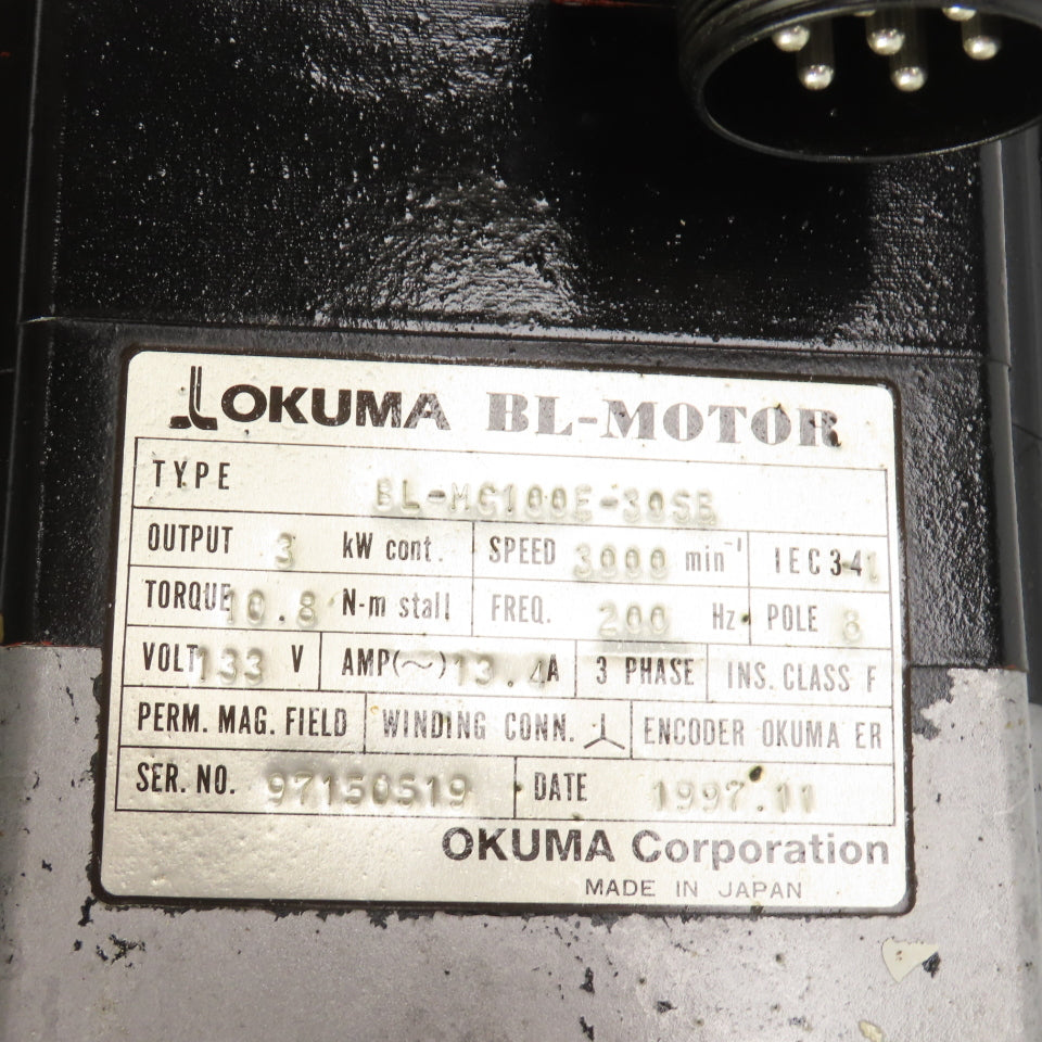 Okuma BL-MC100E-30SB 3kW AC Servo Motor 3000RPM 133V 3PH W/Encoder