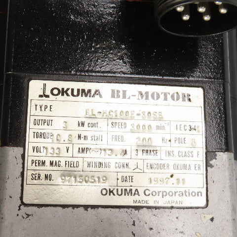 Okuma BL-MC100E-30SB 3kW AC Servo Motor 3000RPM 133V 3PH W/Encoder