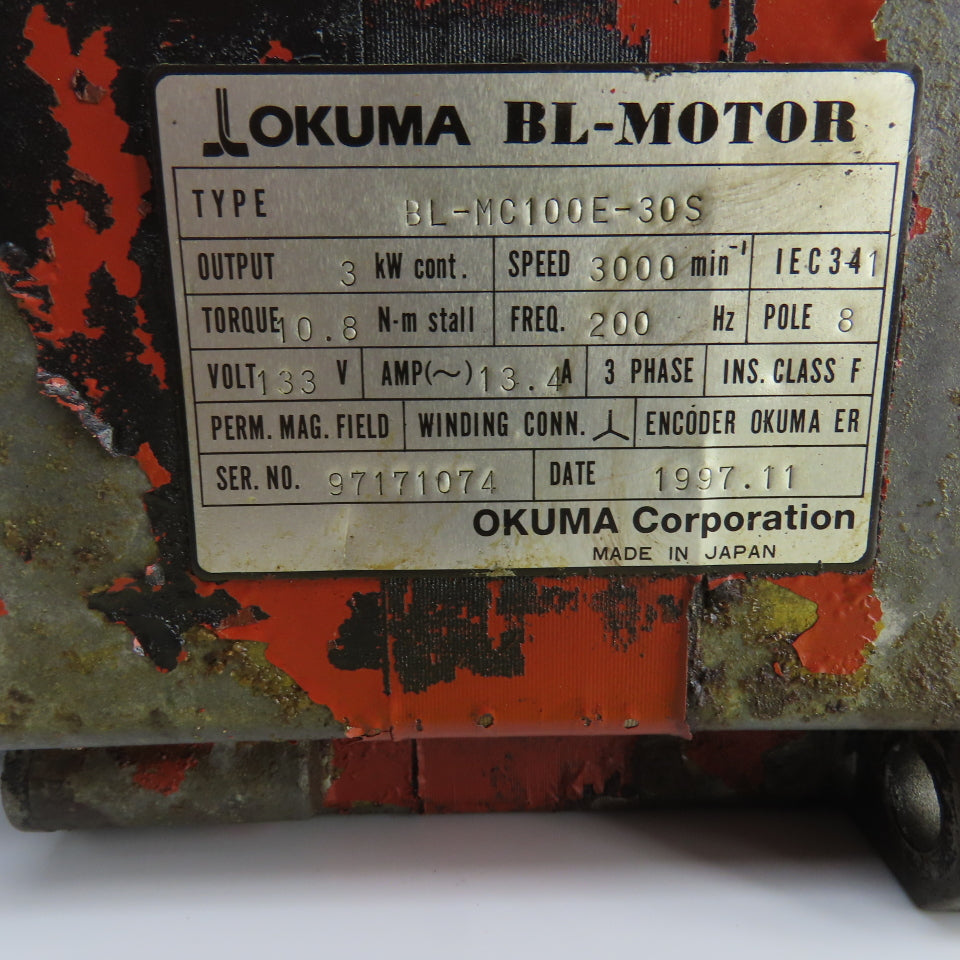 Okuma BL-MC100E-30S 3kW AC Servo Motor 3000RPM 133V 3PH W/Encoder ER